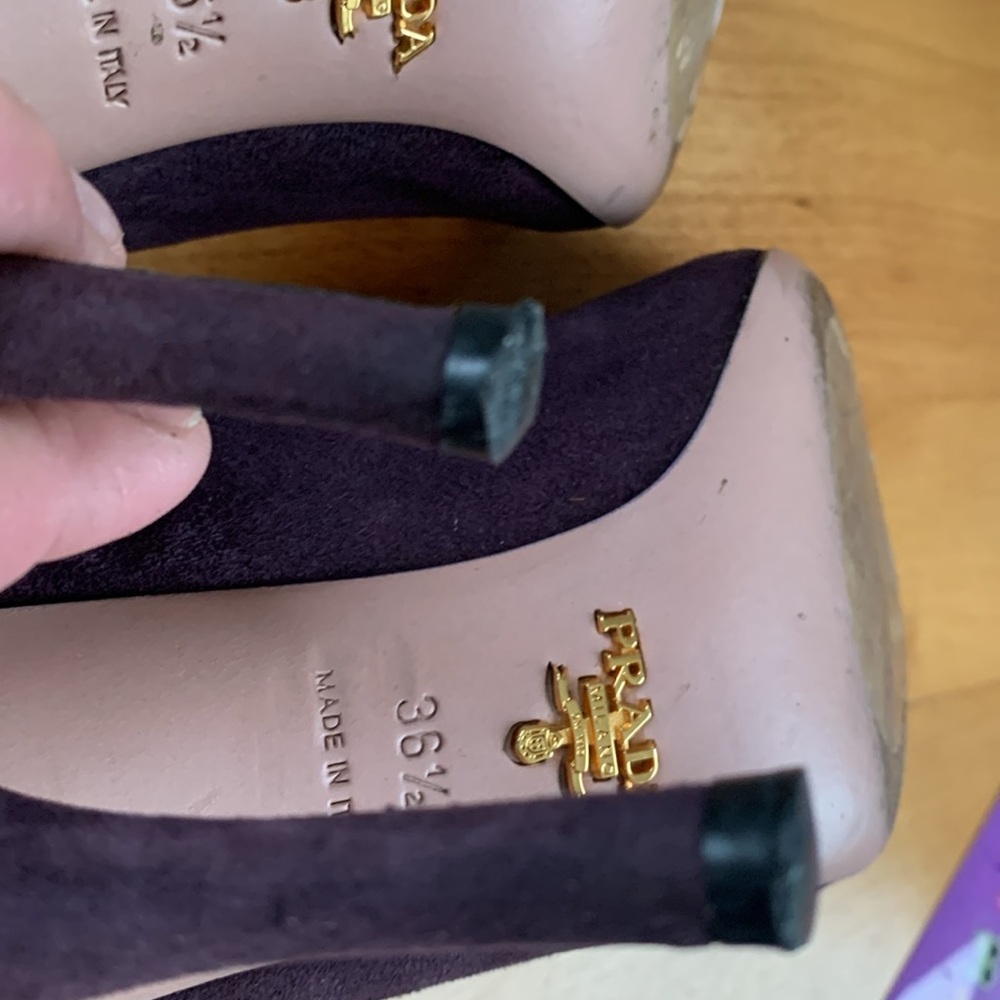 Prada purple suede heels US size 6.5 EUR 36.5 GUC peep toe black ruffles - Picture 7 of 15